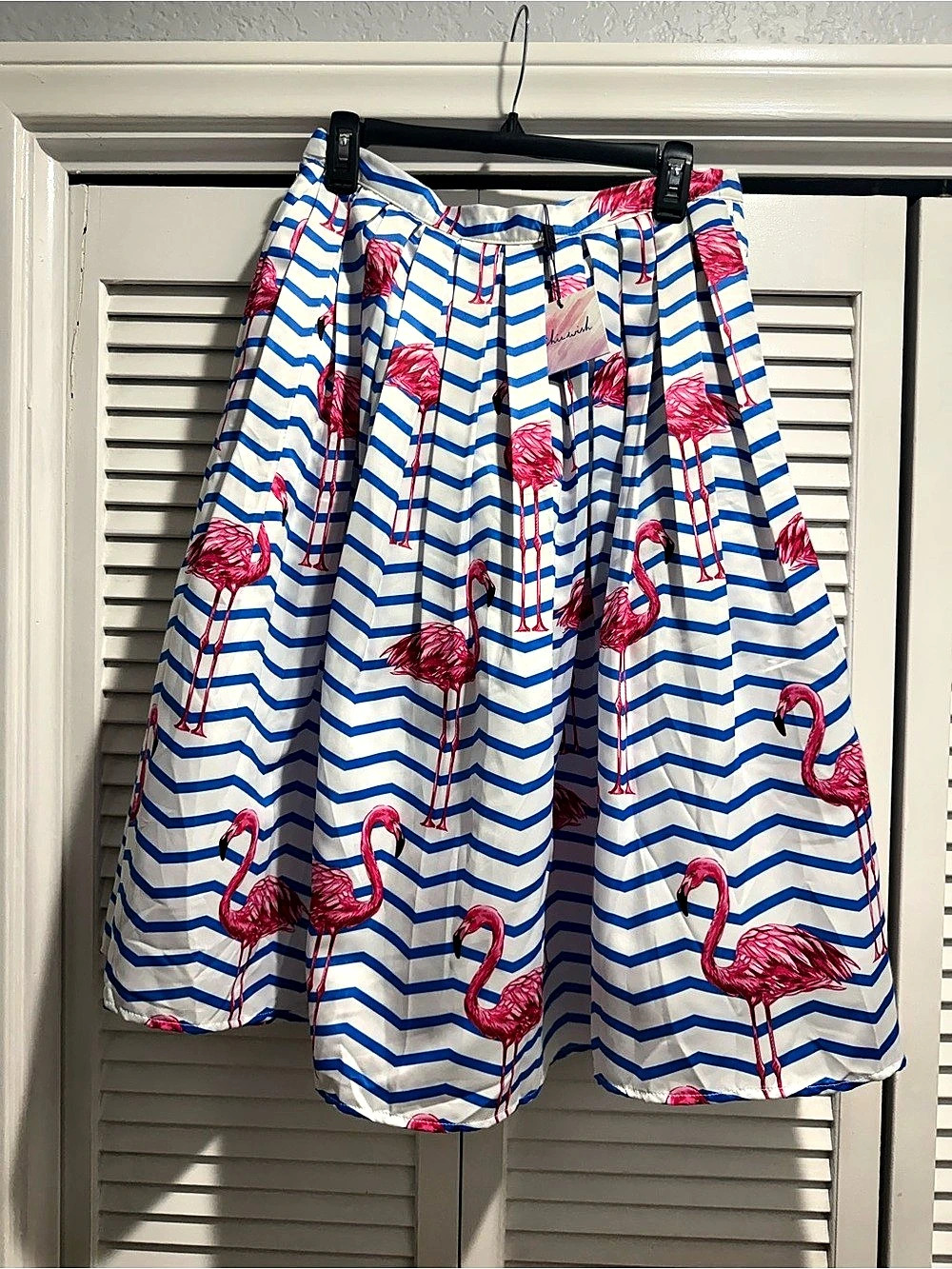 Flamingo Print Skirt in White & Blue Size XL NEW